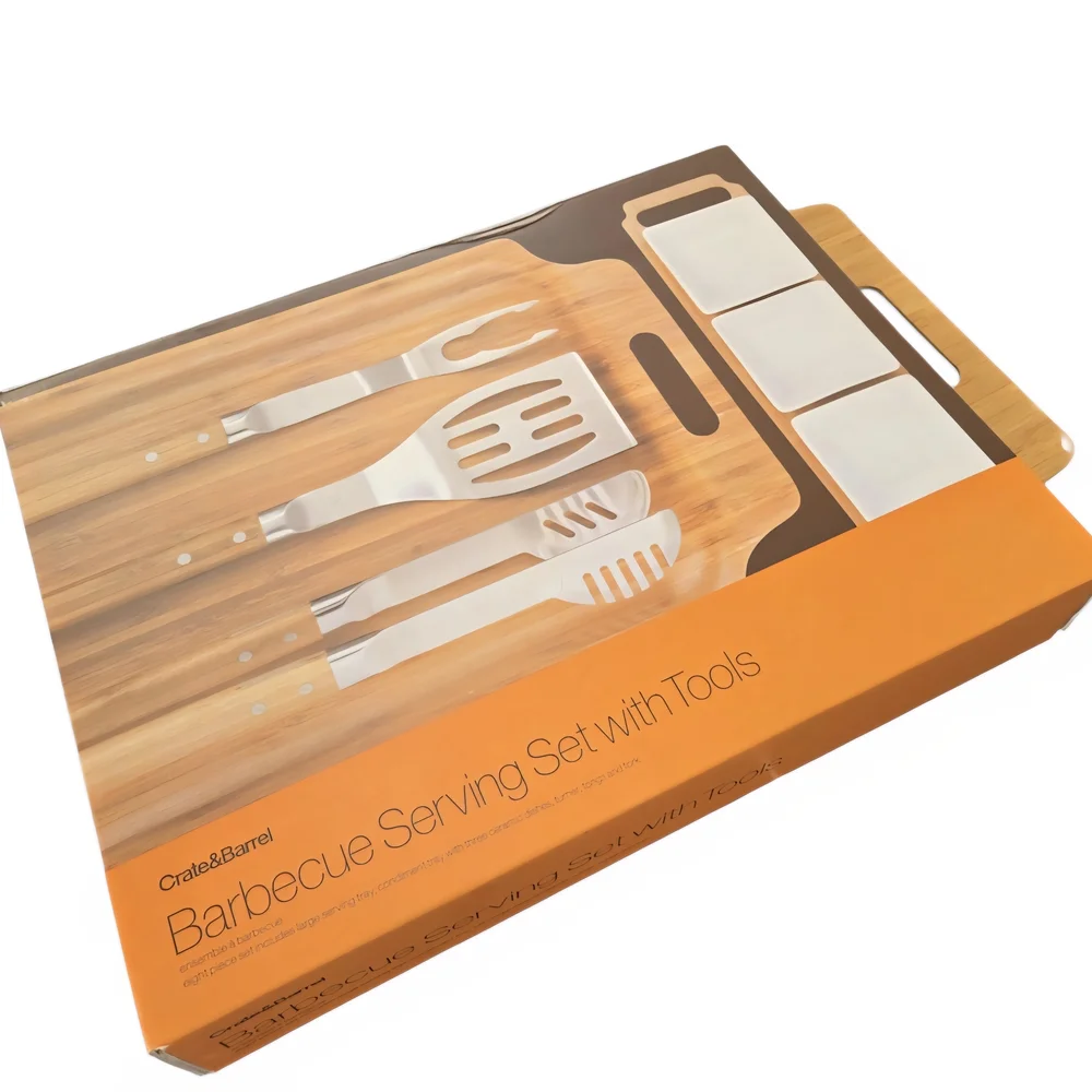 Crate&Barrel Barbecue Serving Set with Tools in Wood Grain and Orange